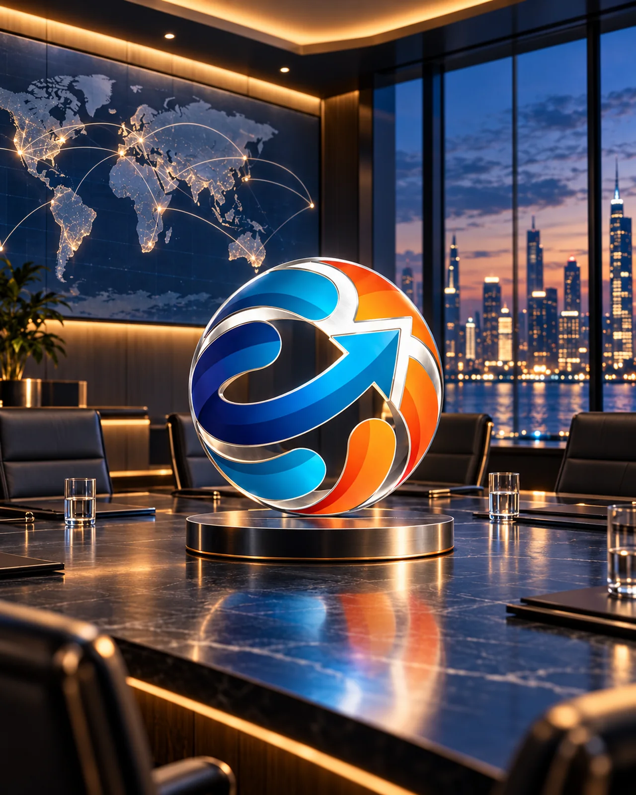 SendModels emblem in an illustrative international boardroom setting.